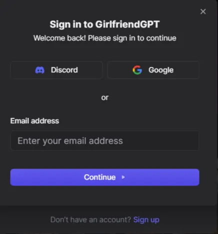 GirlfriendGPT Sign Up Page