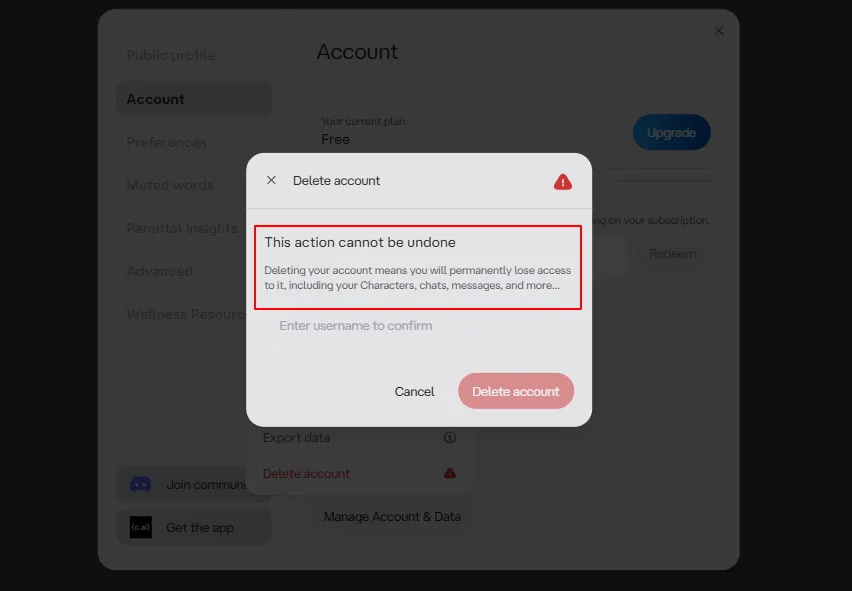 Character.AI Account Deletion Pop Up