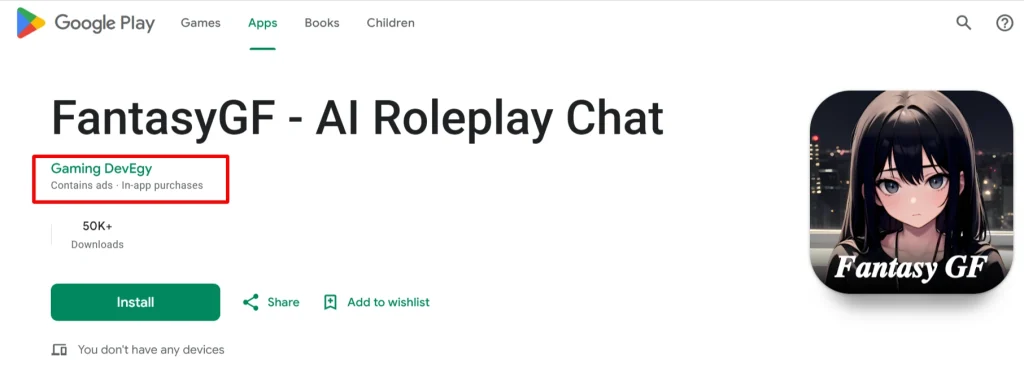 Fake FantasyGF Google Play App