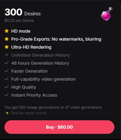 NudeAi.fun - Desire Pricing Plan