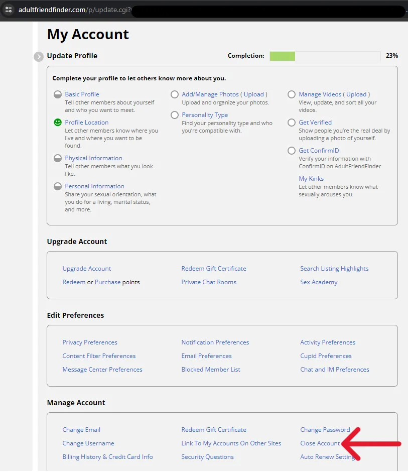 AdultFriendFinder - Account Deletion