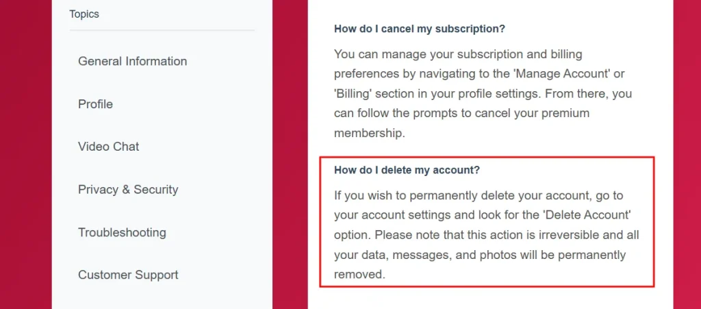 Fling - Account Deletion Setting in FAQ