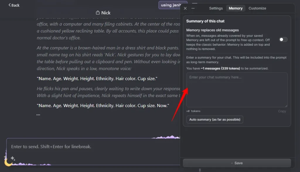 Janitor AI - Chat Summary Feature